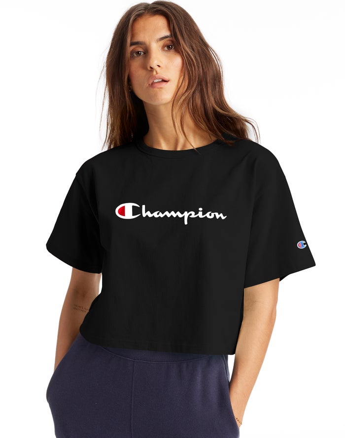 Champion T-Shirt Dames - Zwart - Heritage Cropped Script Logo ( 173460-WKM )